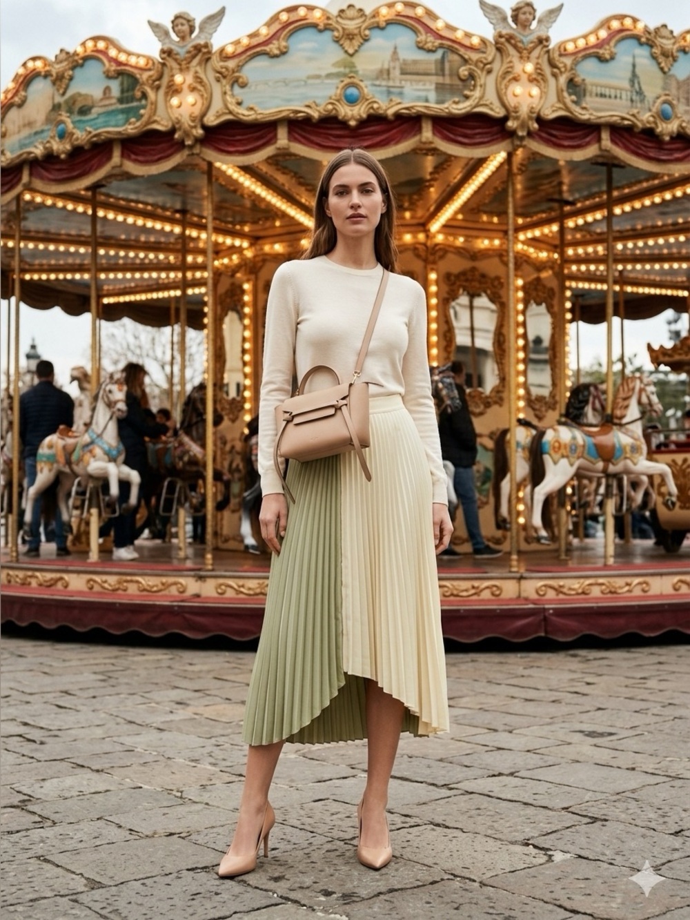 Pleated Two-Tone Midi Skirt - Cream & Sage
